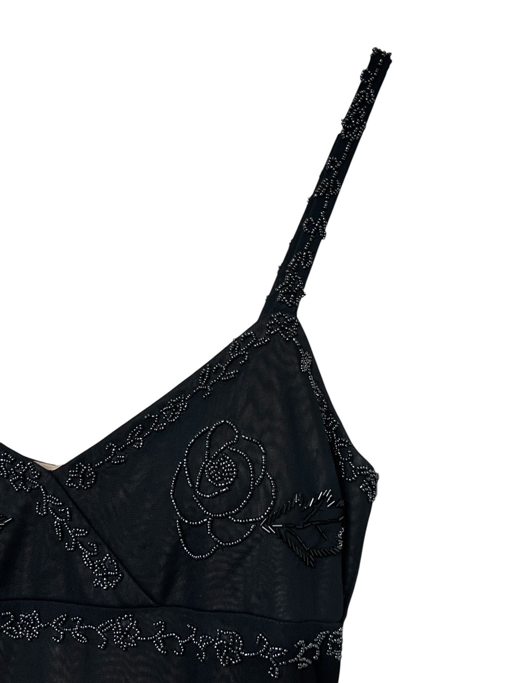 Cache 90s black empire waist floral beaded sheer overlay maxi slip dress - Picture 9 of 15